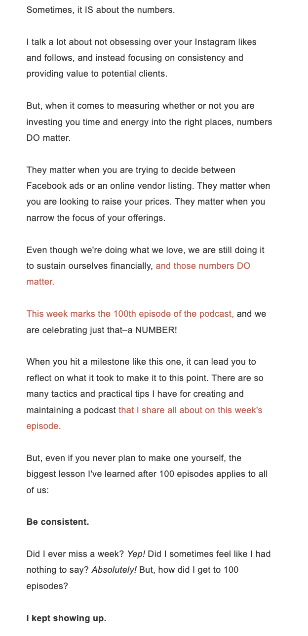 Screenshot of a text-based article discussing the importance of focusing on numbers over social media metrics, celebrating 100 episodes of a podcast, and sharing lessons learned from consistently creating content.
