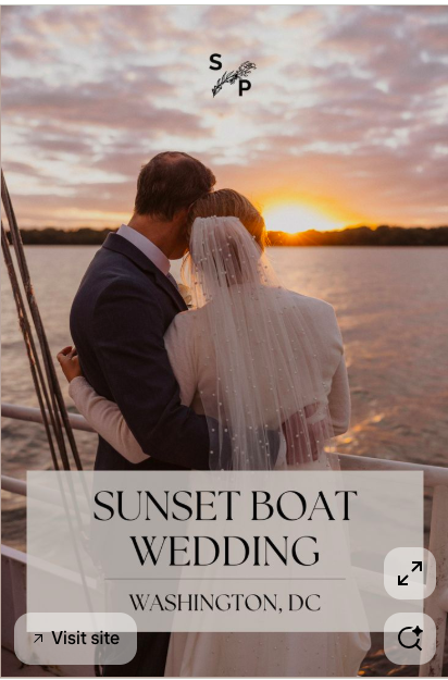 A bride and groom embrace on a boat at sunset on the water, with a banner reading "Sunset Boat Wedding, Washington, DC."
