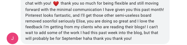 Facebook message conversation with a pink initial 'J' profile icon, displaying a chat expressing gratitude and sharing positive feedback.