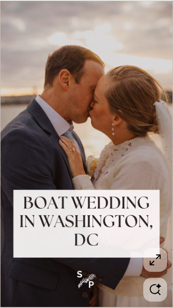 A bride and groom kissing on their wedding day outdoors, with a cloudy sky in the background, and a text overlay that reads 'Boat Wedding in Washington, DC'.