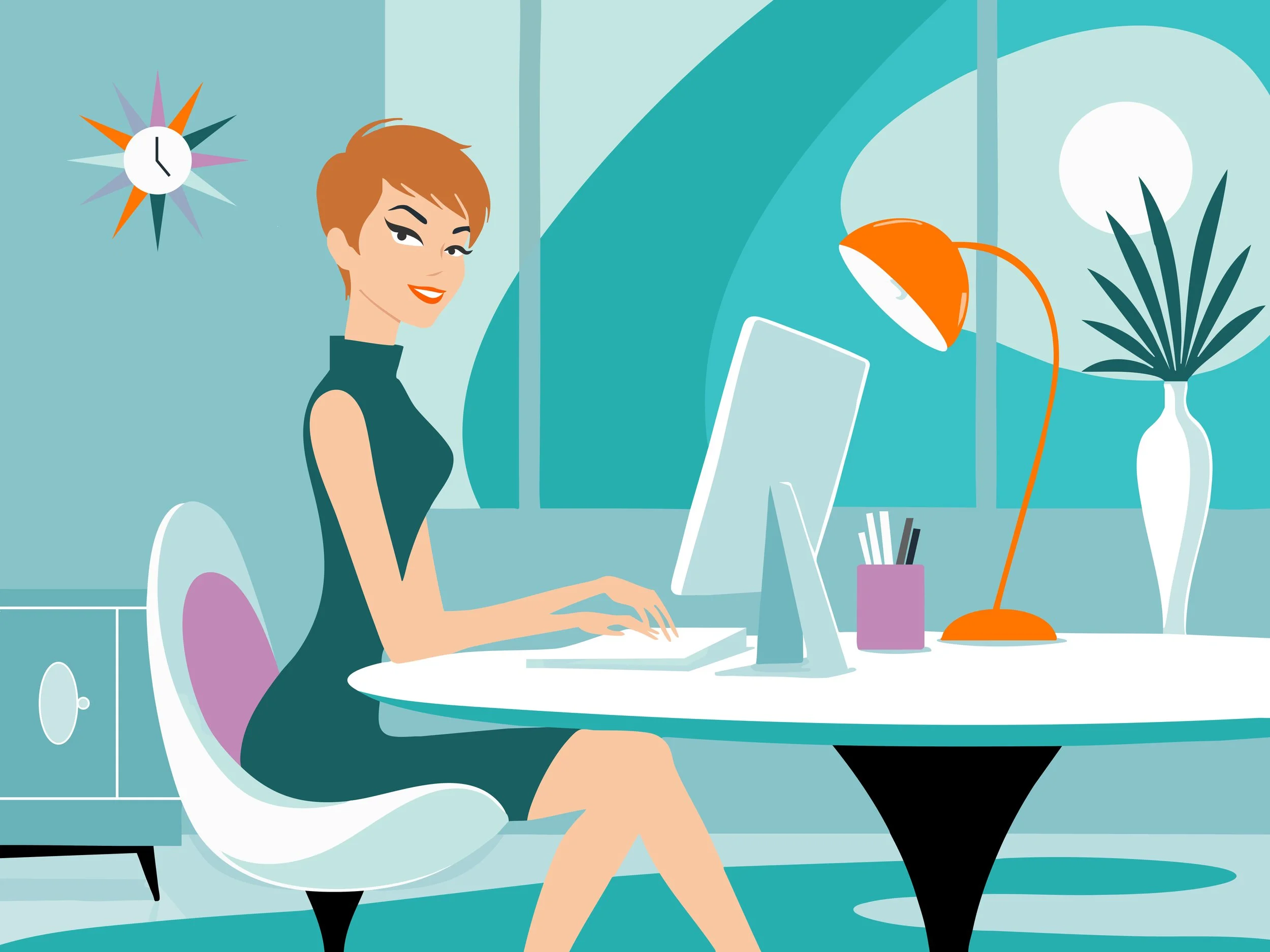 An illustration of a woman with short red hair and a fitted, sleeveless dress sitting at a white desk working on a computer in a modern, brightly colored office.
