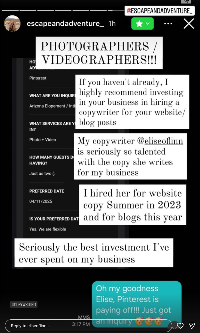 A screenshot of an Instagram story from the account escapeandadventure_ featuring a post about hiring a copywriter. The post highlights the importance of hiring a copywriter for websites and blogs, praising a specific copywriter, @eliseofinn, for her talent. The post states it was hired in summer 2023 and recommends investing in professional copywriting for business success. There is also a comment praising Elise from Pinterest.