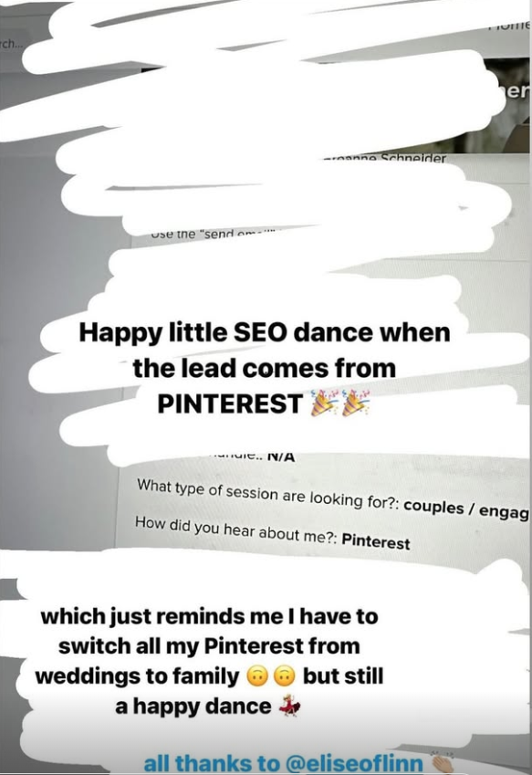 Screenshot of a social media post with text about SEO and Pinterest, mentioning switching Pinterest accounts from weddings to family, and thanking a user named @eliseoflinn.