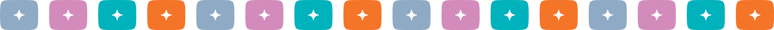 A colorful chain of square and rectangular links in pastel purple, blue, pink, gray, and orange, connected in a repeating pattern.