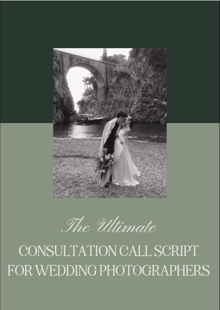 Cover of a guidebook titled 'The Ultimate Consultation Call Script for Wedding Photographers,' featuring a black and white photo of a bride and groom kissing on a rocky beach with a bridge and boat in the background.