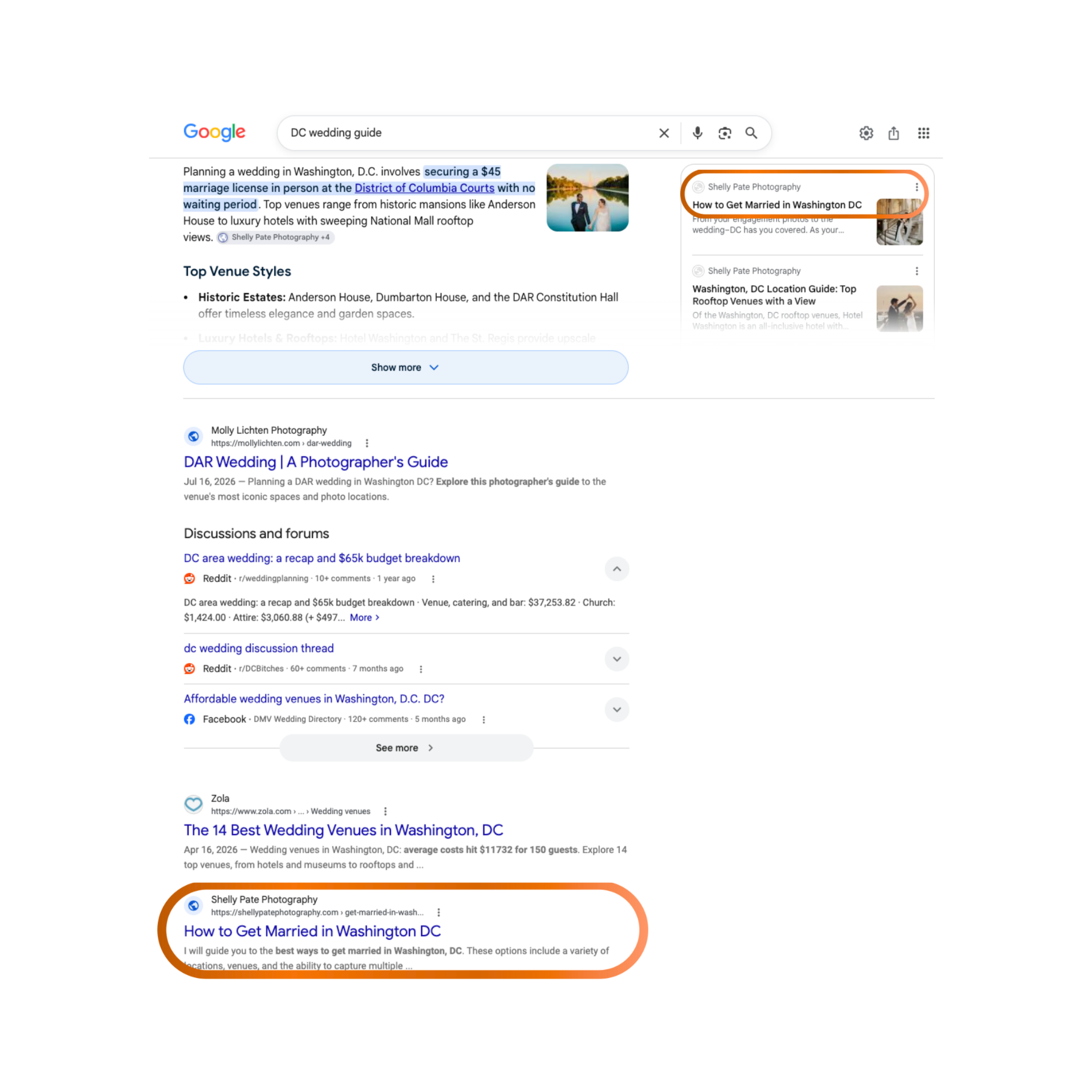 Screenshot of a Google search results page for 'DC wedding guide', with a highlighted link titled 'How to Get Married in Washington DC' from Shelly Pate Photography.