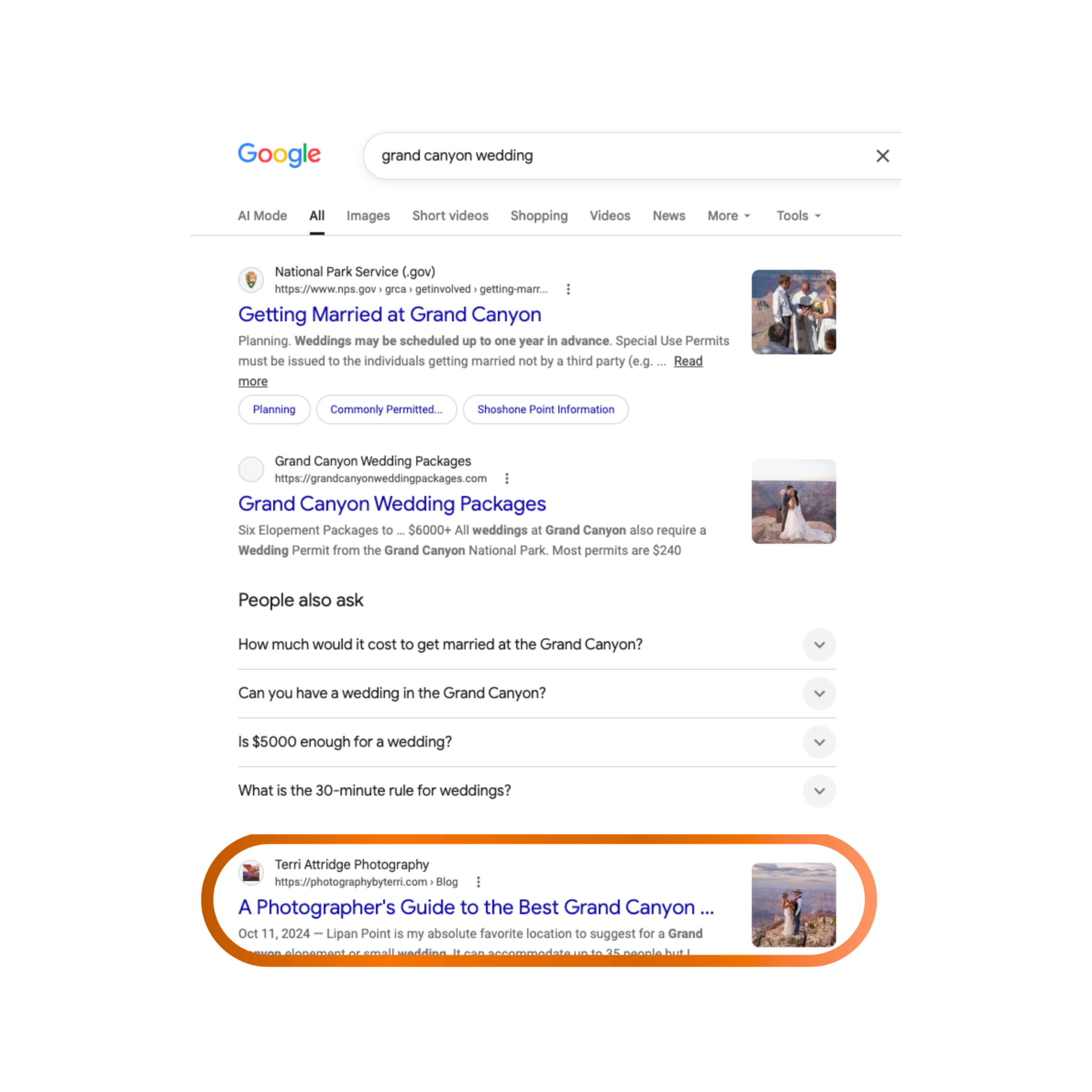 Screenshot of a Google search results page for 'Grand Canyon wedding,' showing links and images about wedding packages and photography at the Grand Canyon.