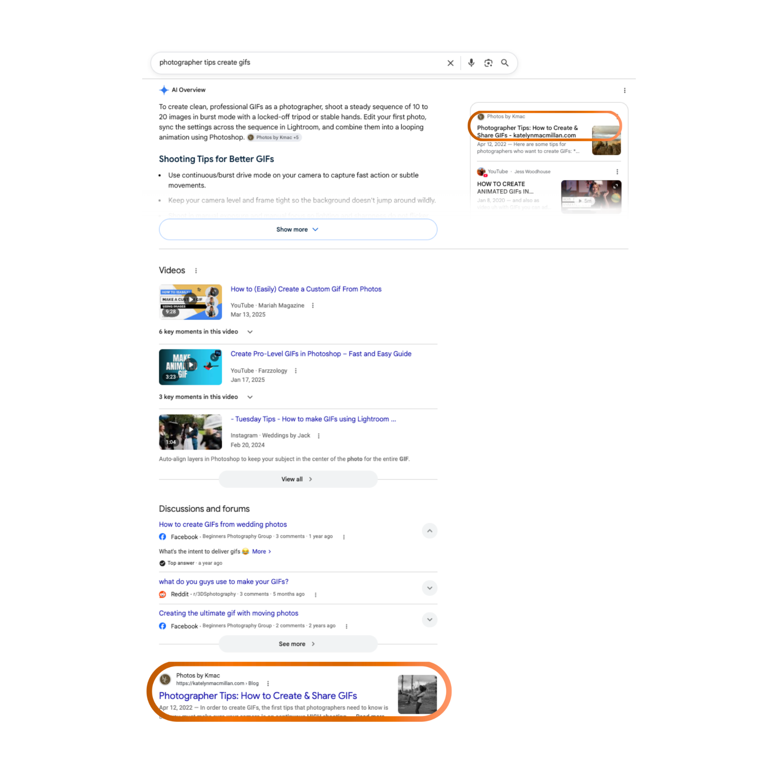 Screenshot of a Google search results page for 'photographer tips create gifs', showing sponsored links and videos related to creating GIFs, with highlighted and outlined sections.