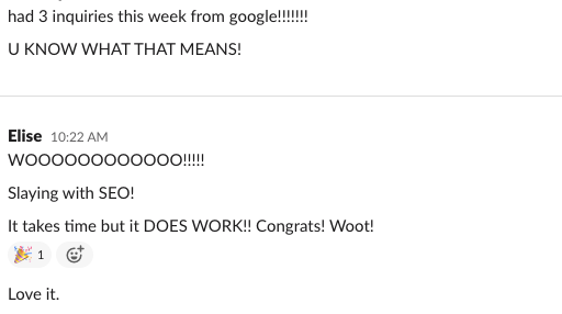 Screenshot of a text message conversation praising SEO success and excitement.