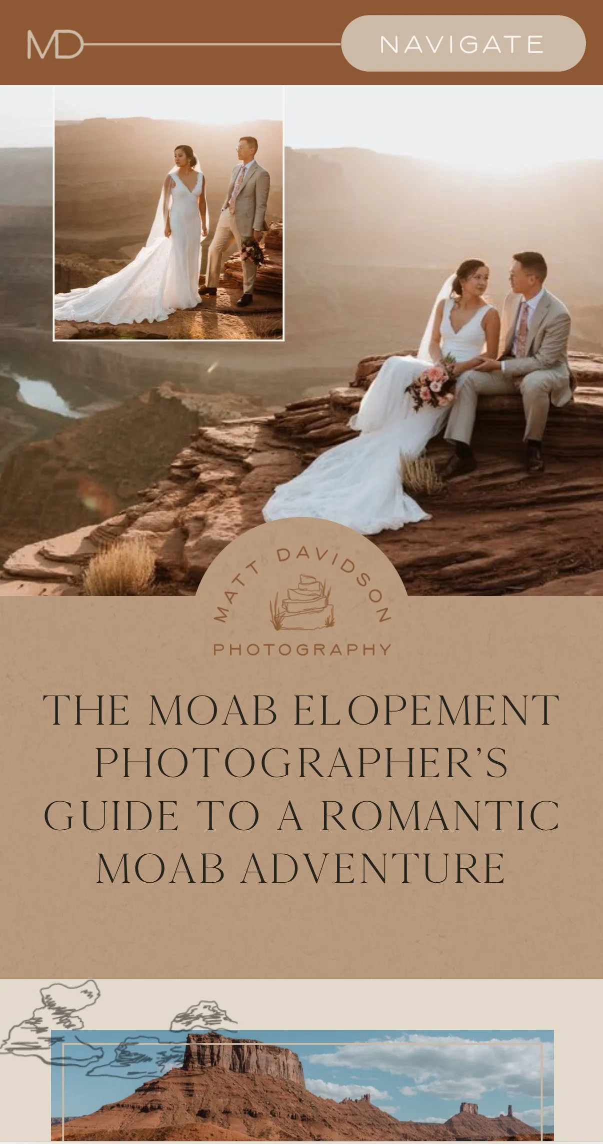 A magazine cover featuring a romantic outdoor wedding photo of a couple sitting on rocks in a desert landscape during sunset, with a second, smaller wedding photo inset at the top left corner. The cover includes the title, 'The Moab Elopement Photographer's Guide to a Romantic Moab Adventure,' and the logo of Matt Davidson Photography.