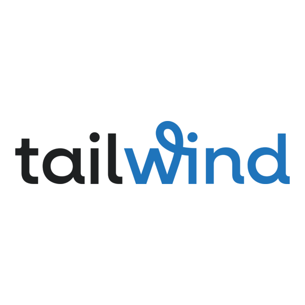 The logo for 'tailwind,' featuring the word 'tailwind' with 'tail' in gray and 'wind' in blue, with a stylized wind swirl within the letter 'w'.