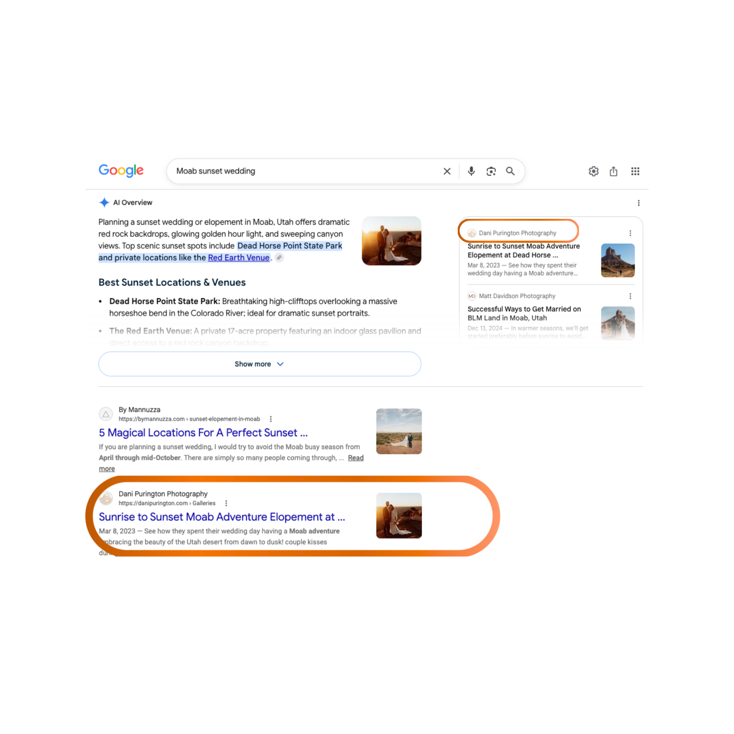 Screenshot of a Google search for 'Moab sunset wedding' with search results showing a wedding at Dead Horse Point State Park and a photograph of a couple at sunset in Moab, Utah, with an orange-bordered orange rounded rectangle.