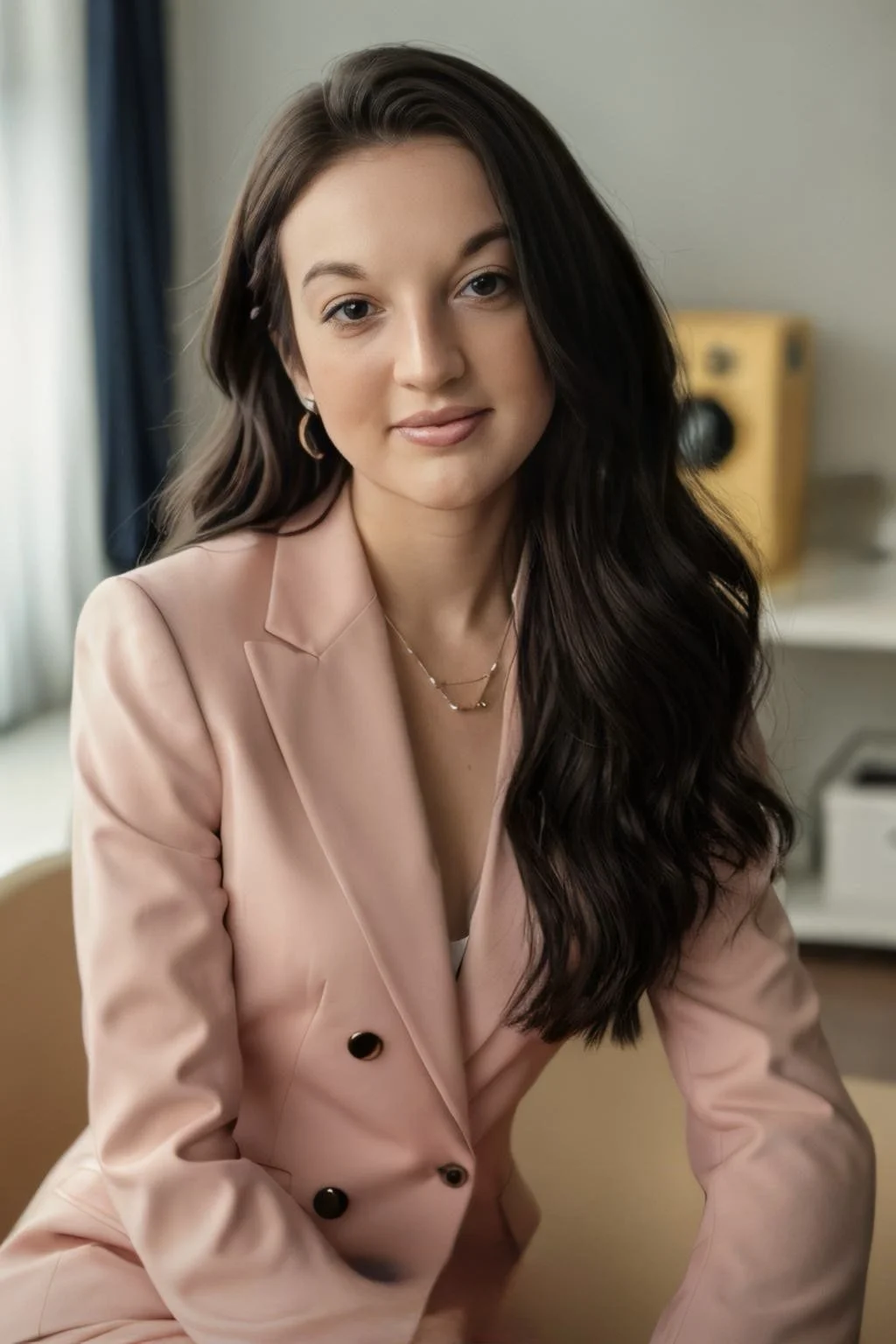 A woman with long dark hair, wearing a pink blazer, sitting in a room with a window, curtain, and yellow washing machine in the background.