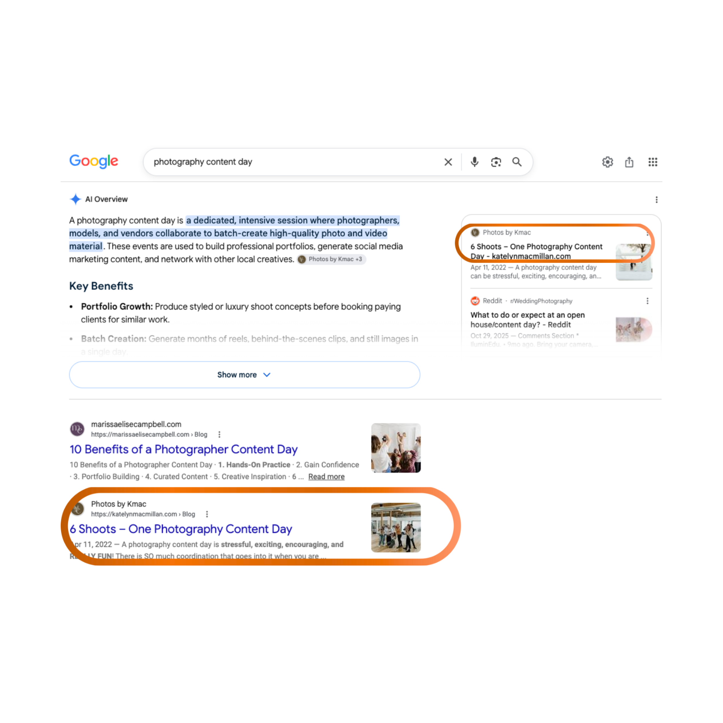 Screenshot of Google search results page for 'photography content day', showing highlighted links and snippets about photography content day events and benefits.