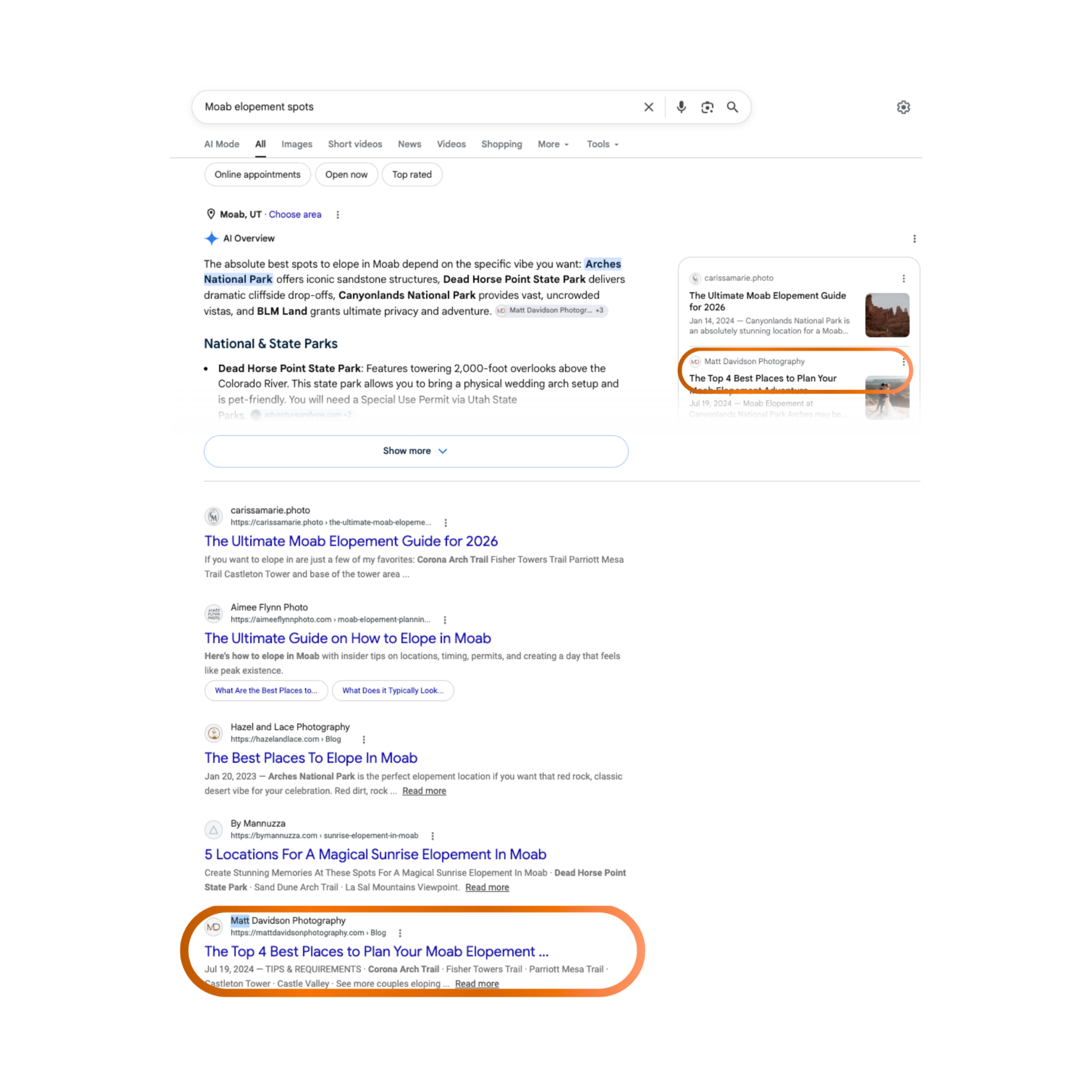 Screenshot of a Google search results page for 'Moab elopement spots' showing various articles and blog posts about popular locations for eloping in Moab, Utah. The highlighted section focuses on a blog post titled 'The Top 4 Best Places to Plan Your Moab Elopement' by Matt Davidson Photography.
