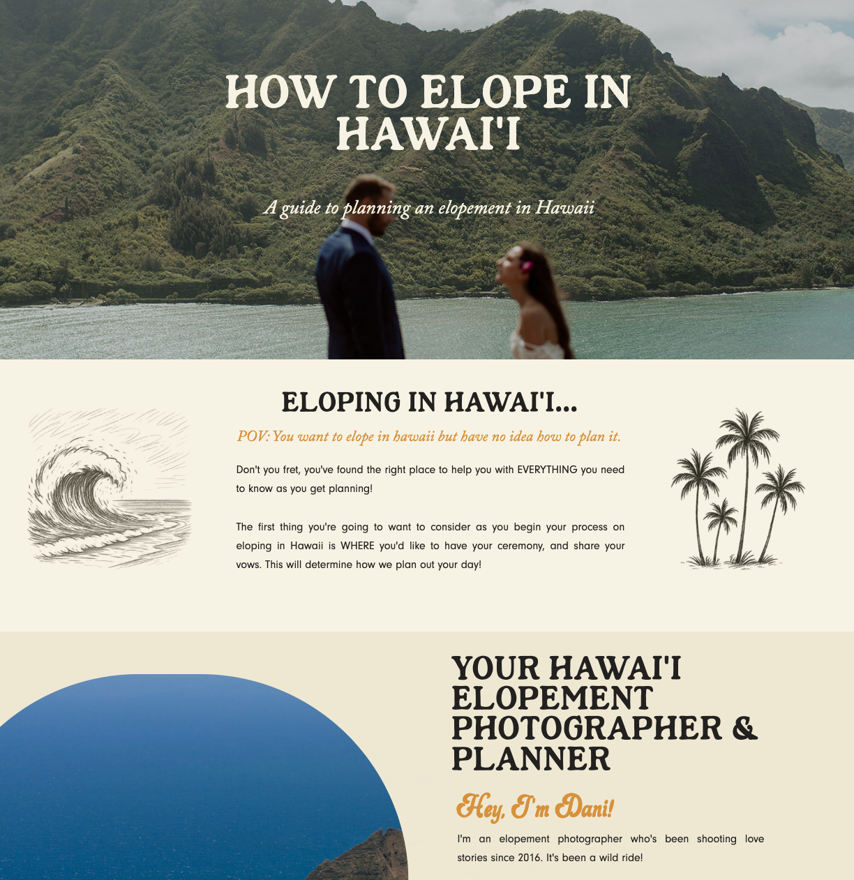 A website or digital page titled "How to Elope in Hawaii" featuring a tropical Hawaii background with mountains and water, a silhouette of a couple in wedding attire, hand-drawn sketches of a wave and palm trees, and text about planning an elopement in Hawaii and a photographer named Dani.