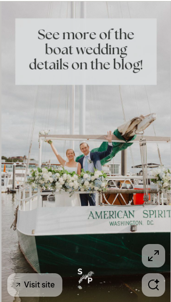 Bride and groom on a decorated boat for a wedding, with a sign encouraging viewers to see more details on the blog.