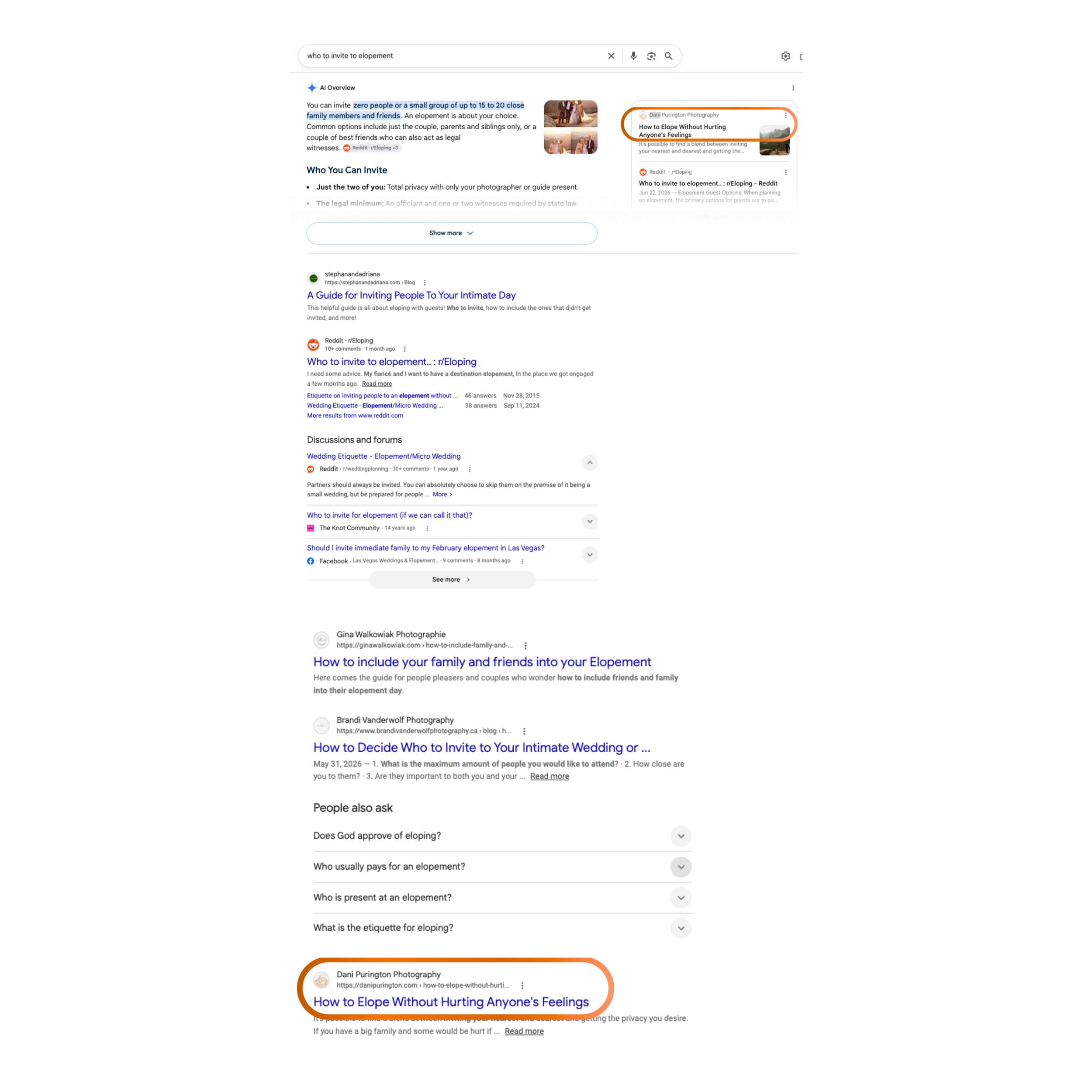 Screenshot of a Google search results page with search query "who to invite to elopement." The top right corner features a card with a photograph of a couple and the title "How to Elope Without Hurting Anyone's Feelings." Along the bottom of the screen, there is a section with related questions about elopements, including etiquette and who is present at an elopement.