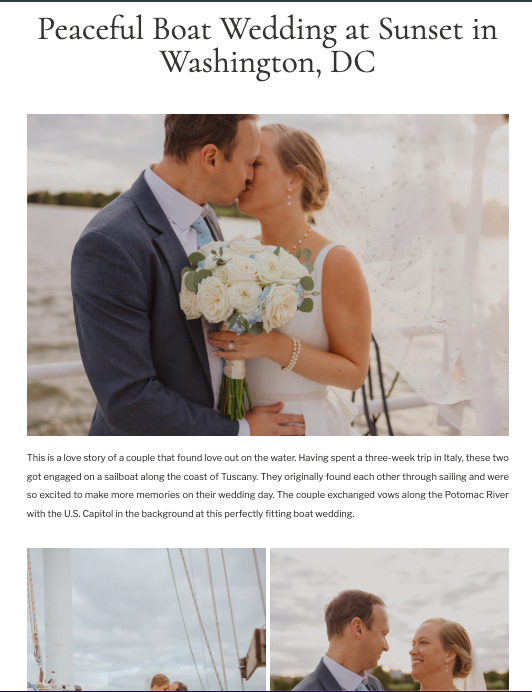 A couple kisses during their boat wedding at sunset in Washington, DC, with a river and boat rigging in the background.