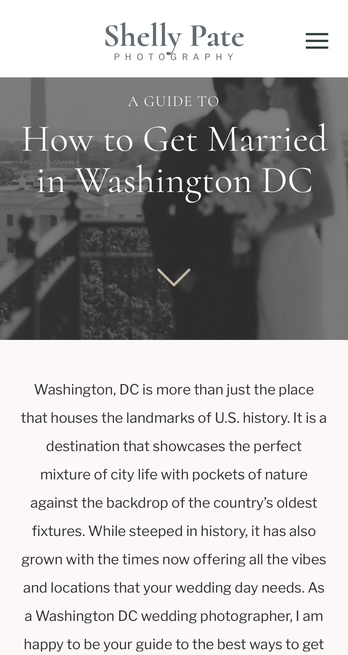 The image shows a wedding guide webpage titled 'How to Get Married in Washington DC' with a black and white photo of a bride and groom on a balcony overlooking the city.