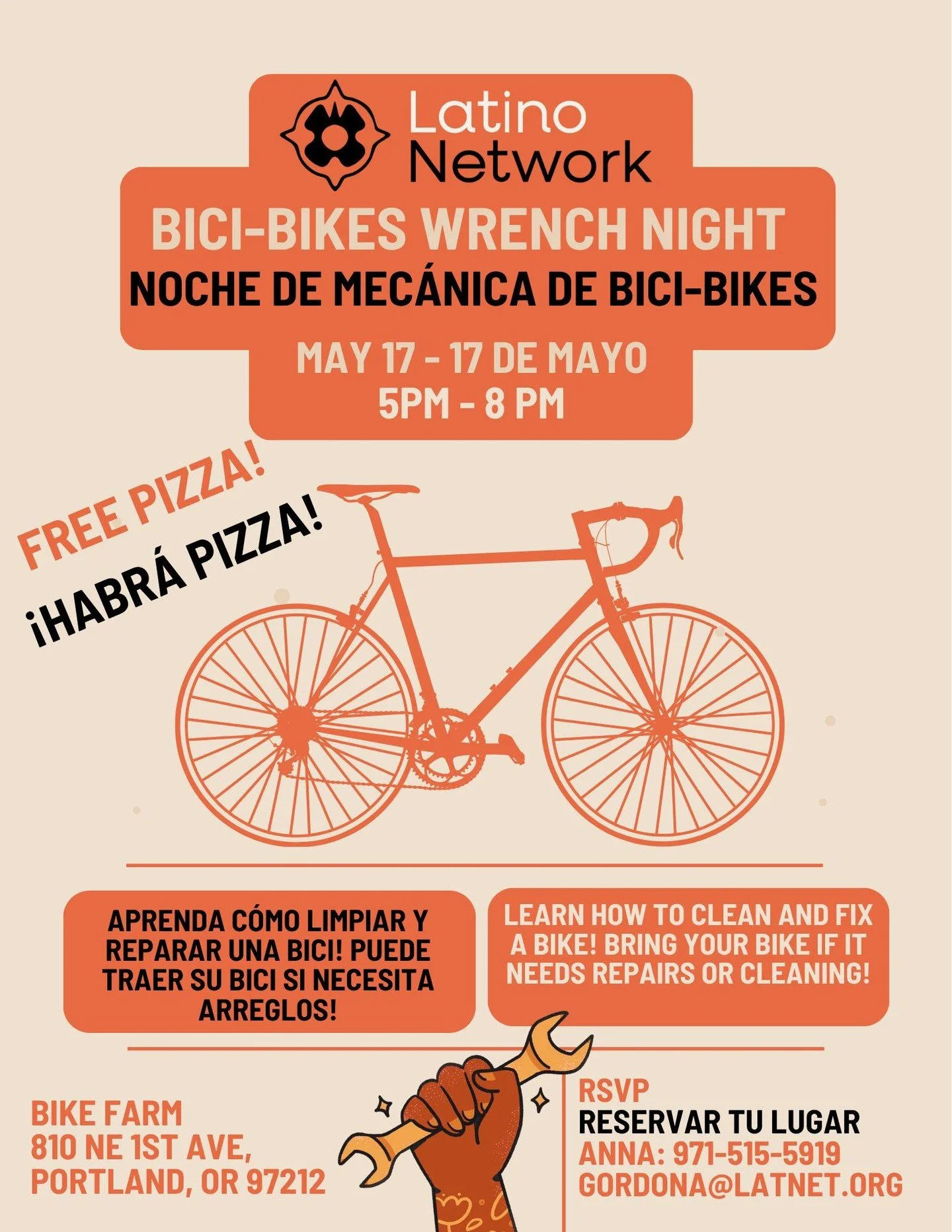 Come to our Bici-Bikes Wrench Night at Bike Farm (810 NE 1st Ave) on Sunday, May 17 at 5 PM! Have some FREE pizza and learn how to clean and fix your bike. If your bike needs cleaning or repairs, this event is for you! Reserve your place now by conta