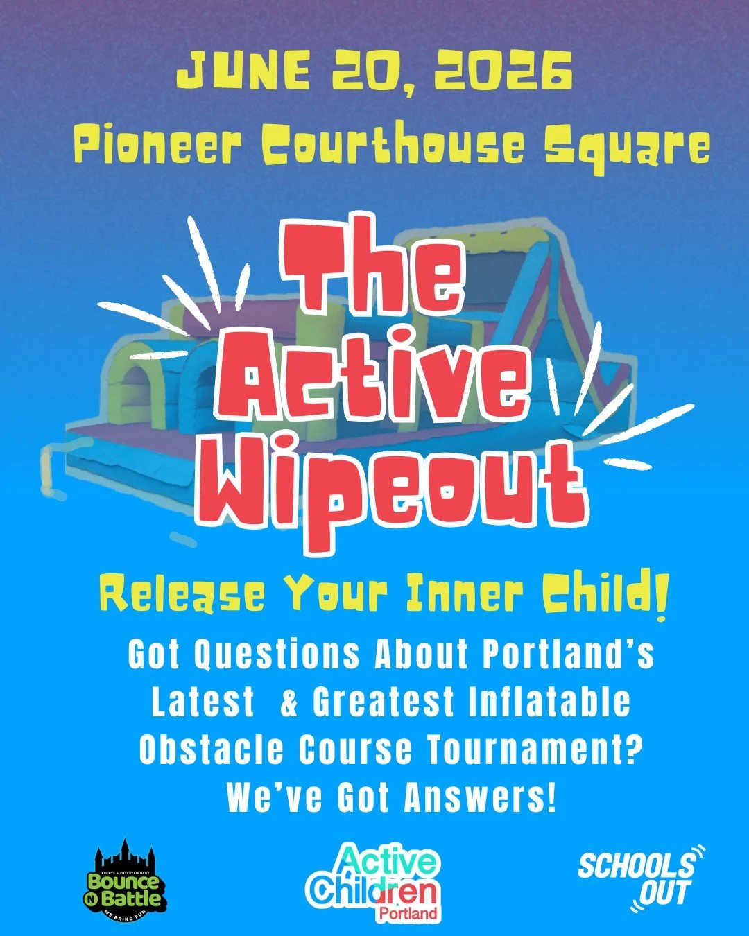 @acportland invites you to join their first-ever Active Wipeout on June 20th from 11 AM&ndash;3 PM! 

From 11 AM&ndash;1 PM, jump into Free Run: No registration needed.

From 1&ndash;3 PM, the tournament begins!
--
&iexcl;@acportland les invita a asi