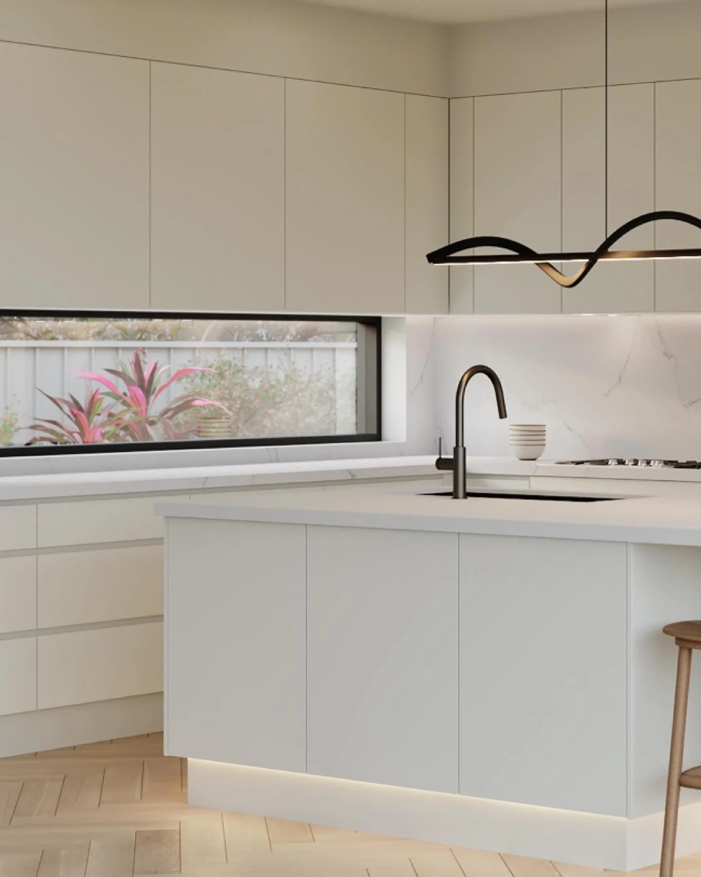 Warm or cool lighting? Let us know how you light up your life! We&rsquo;ve used warm feature and task lighting in this monochrome Epping beauty with @artico_homes to create a feature of the @caesarstoneau benchtops/splash and @heartwoodtimberfloors C