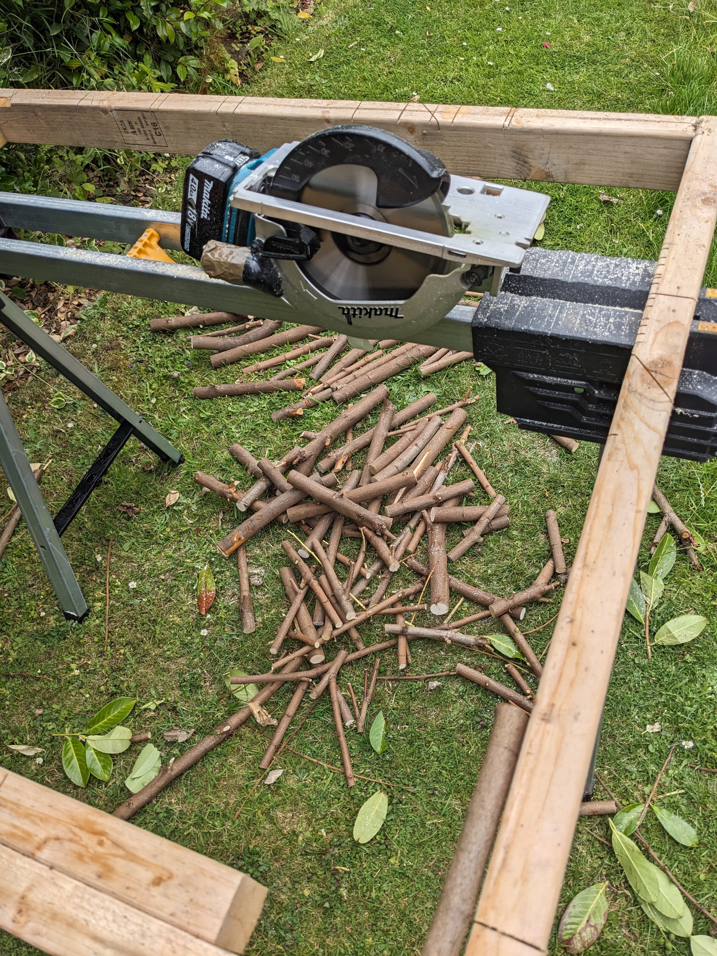 A smart and even more inherently dangerous way of breaking down the branches. I took great care in feeding the wood into the saw. (PLEASE DO NOT COPY, DONE AT OWN RISK)
