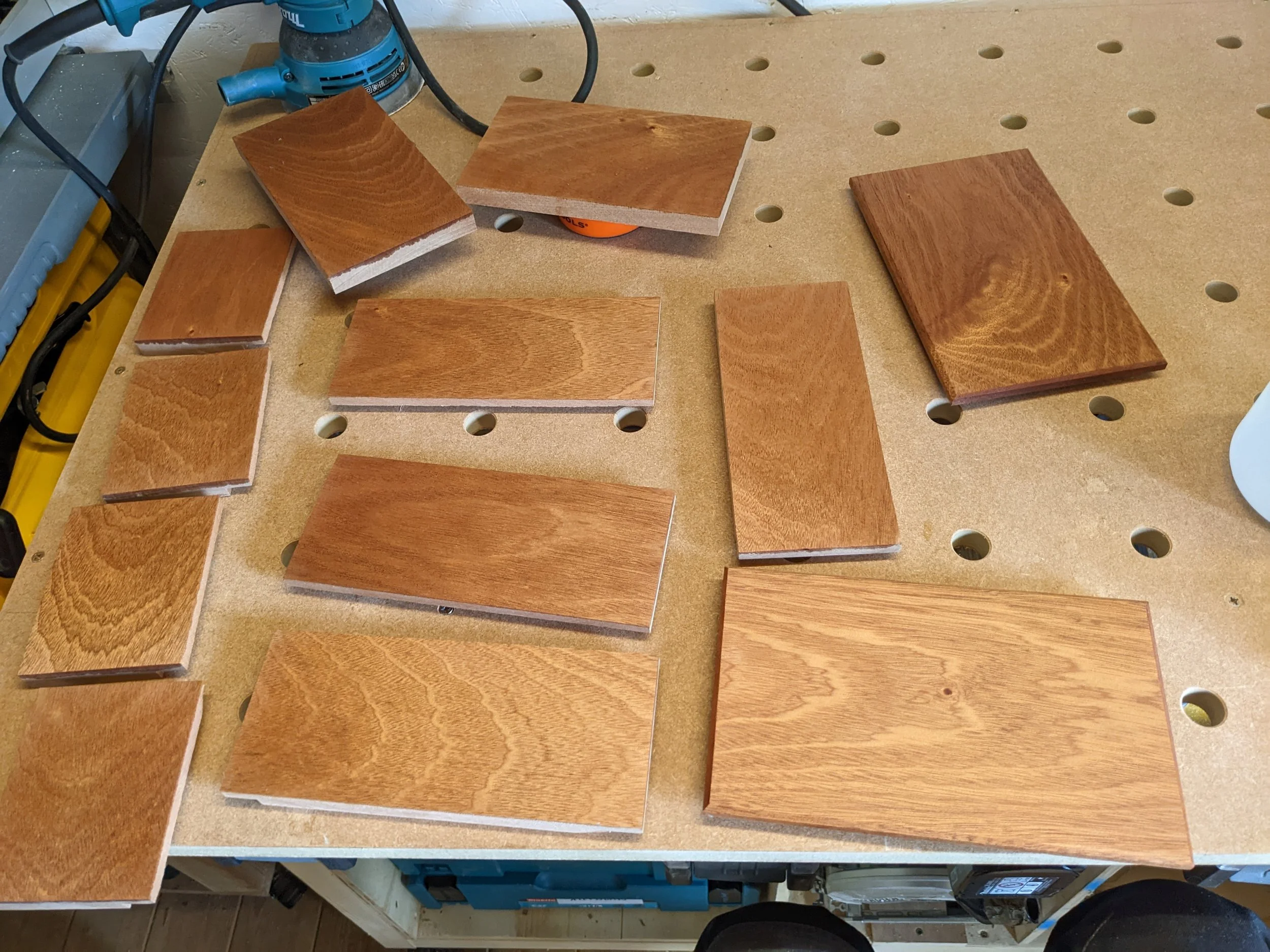 3. All the pieces laided out, sanded and coated in Teak Oil.