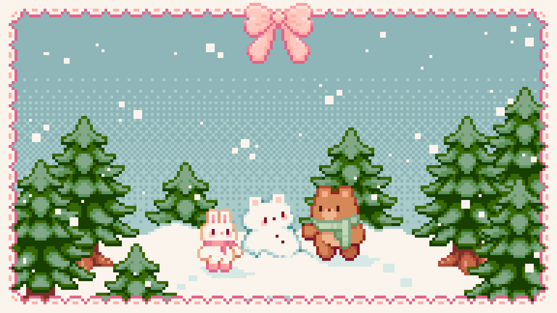 Pixel art winter scene with snow, pine trees, a bunny, a bear, and a snowman, decorated with a pink bow at the top.
