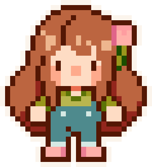 Pixel art of a girl with brown hair, pink bow, green shirt, and overalls, smiling against a brown background.