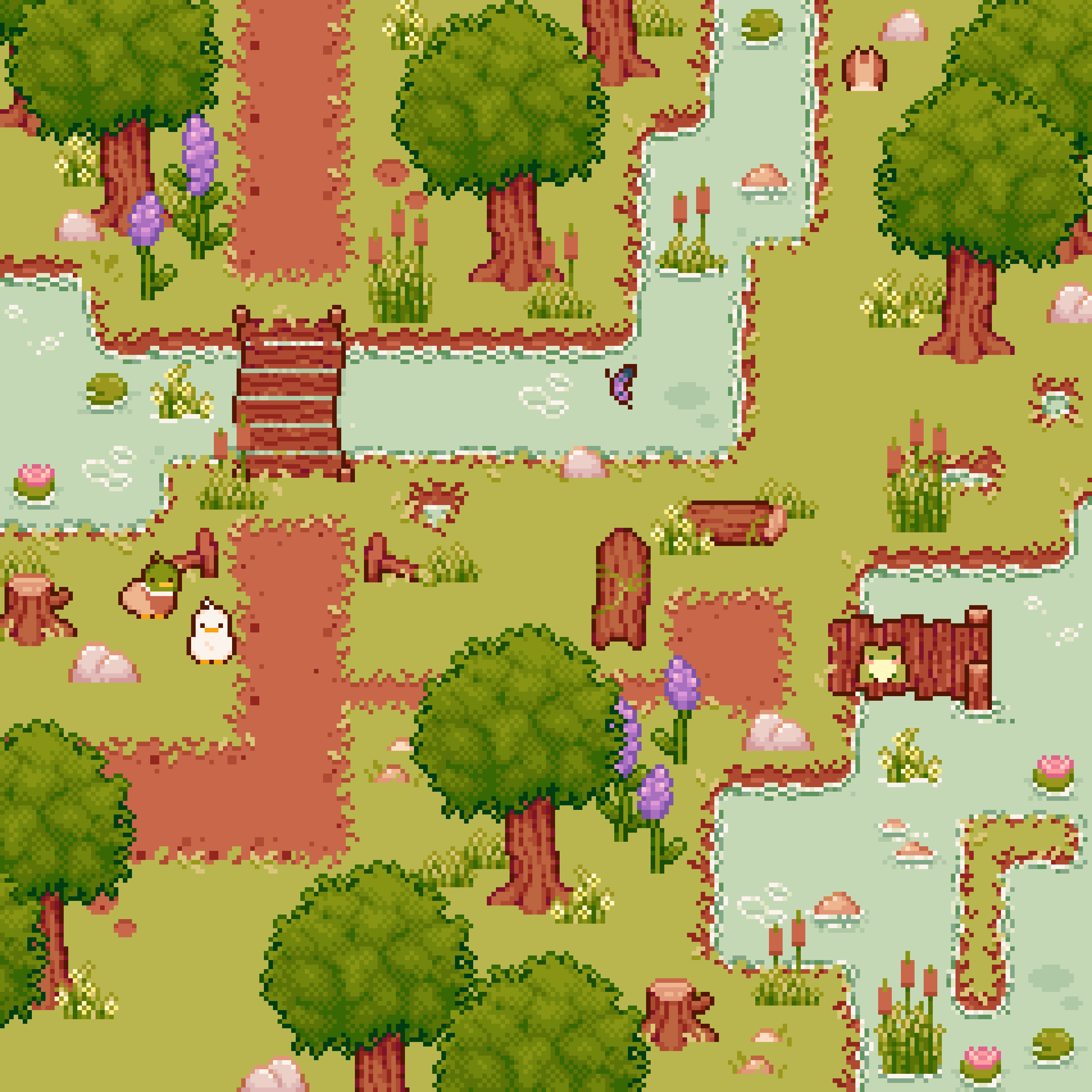 Pixel art scene of a grassy landscape with trees, water features, pathways, rocks, and small animals.