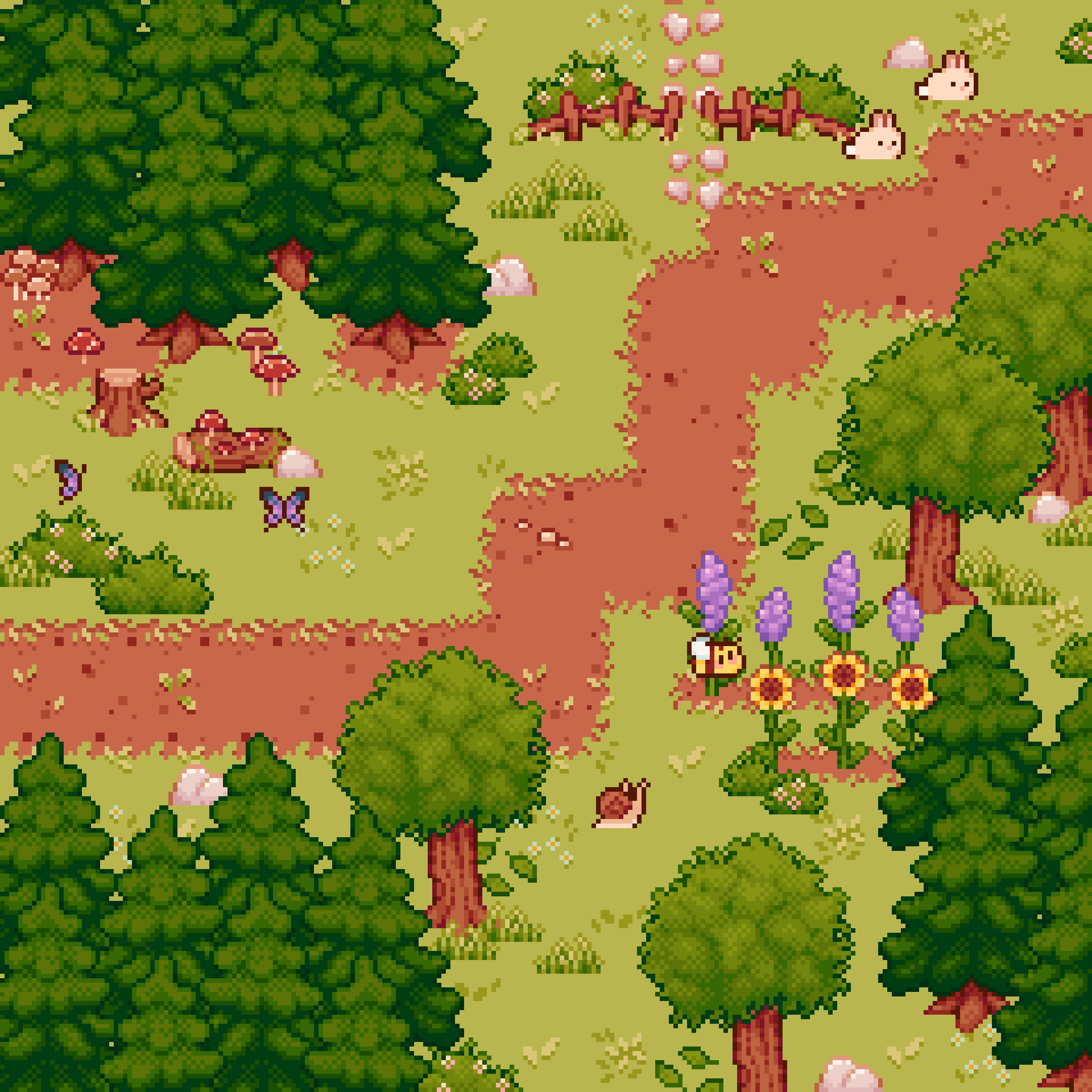 Pixel art scene of a forest with trees, flowers, bushes, butterflies, and a dirt path.