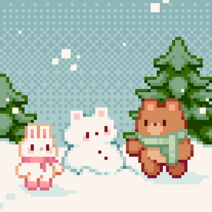 Pixel art winter scene with a rabbit wearing a pink scarf, a snowman, and a bear with a green scarf sitting among snow-covered trees and falling snow.