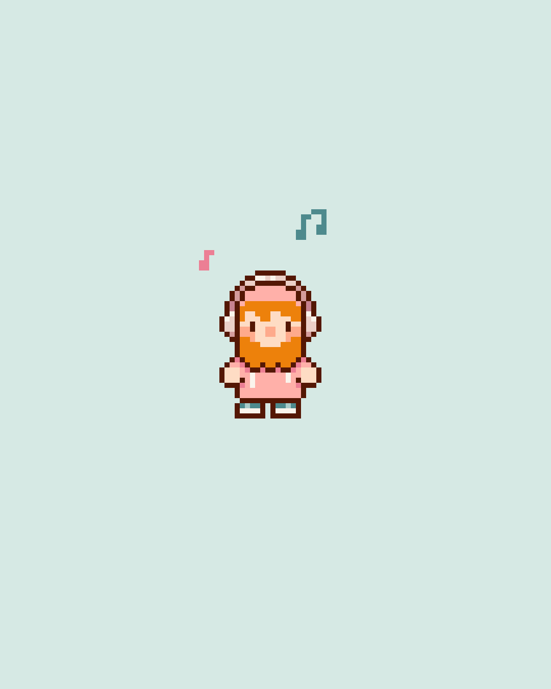 Pixel art illustration of a girl with headphones and pink dress, with musical notes around her, on a light blue background.