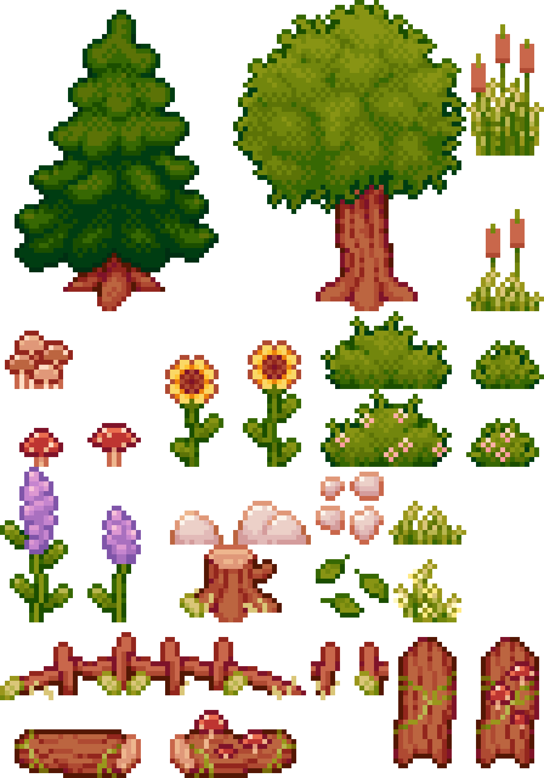 Pixel art of trees, plants, flowers, mushrooms, and wooden objects on a black background.