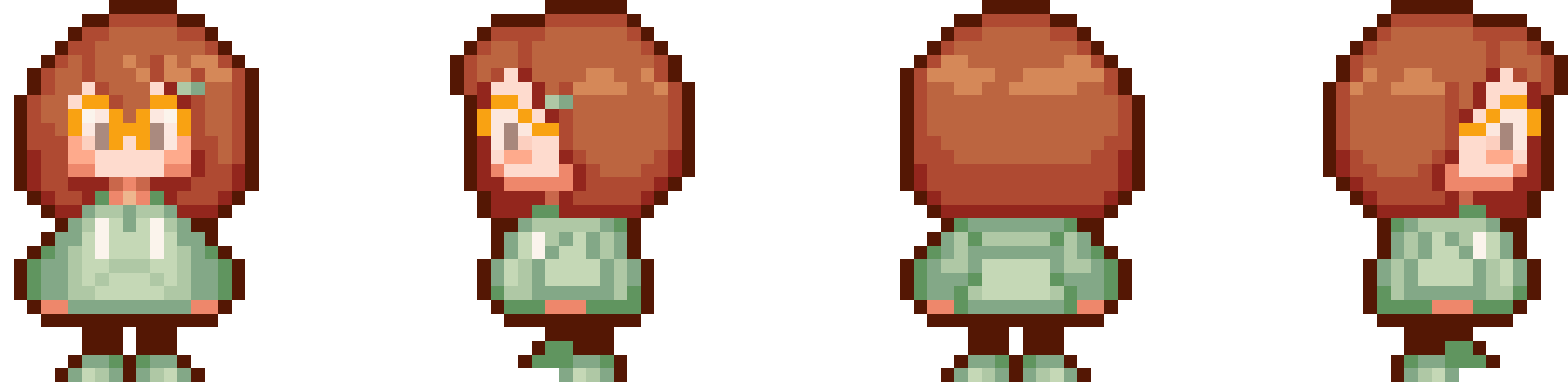 Pixel art character of a girl with brown hair, wearing a light green hoodie and matching shoes, with a hairband, shown from front, side, back, and side angles.