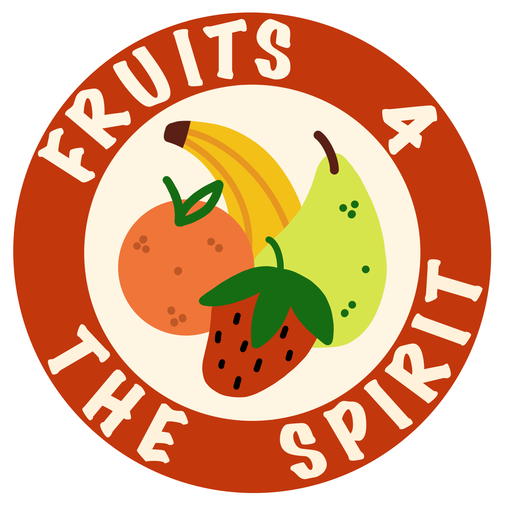 Illustration of a sticker with the words "Fruits & The Spirit" surrounding an image of a banana, strawberry, and orange.