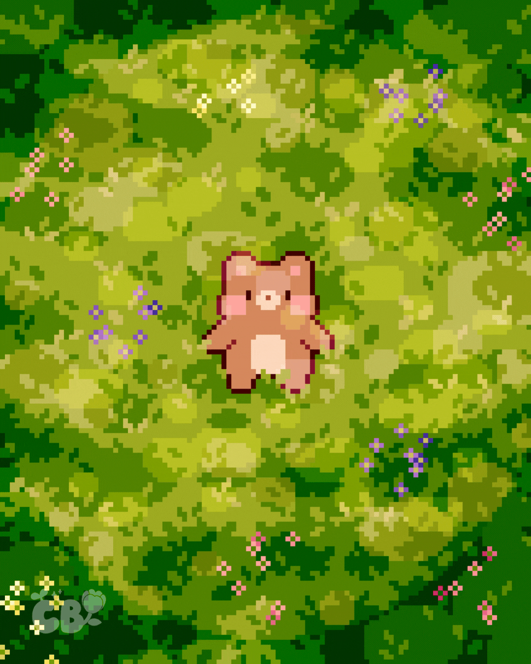 Pixel art of a small, brown, bear-like creature sitting on a bed of green grass and flowers.