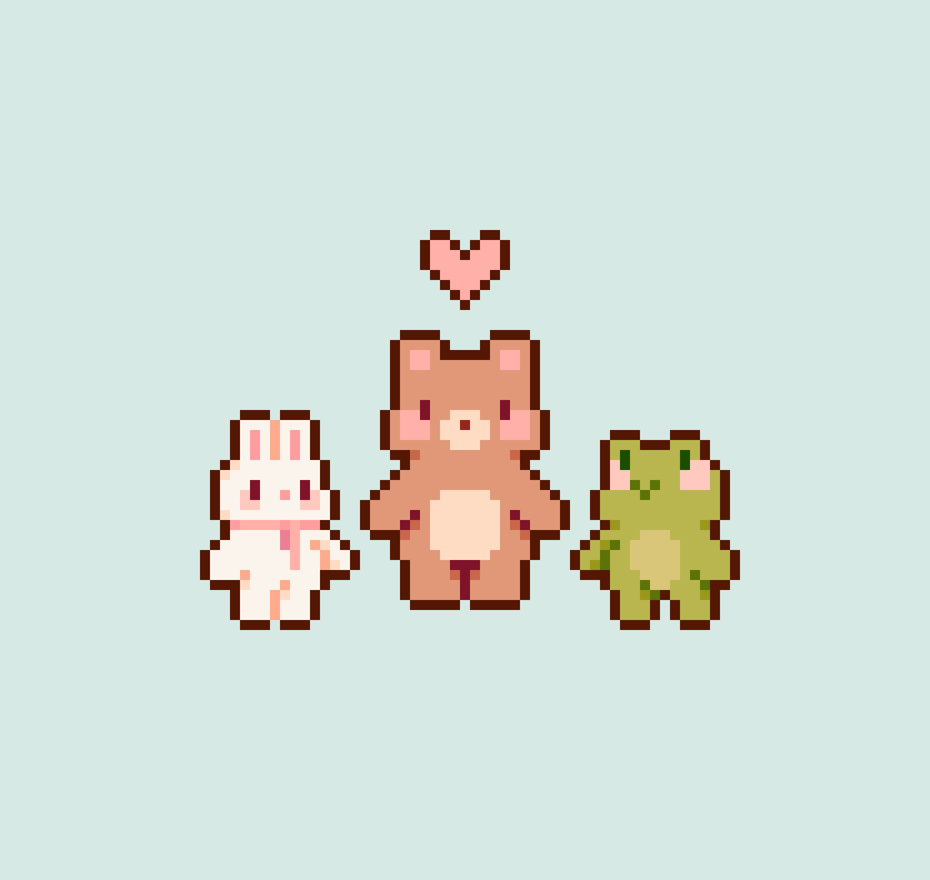 Pixel art illustration of a bunny, bear, and frog standing next to each other with a pink heart above the bear's head, on a light blue background.