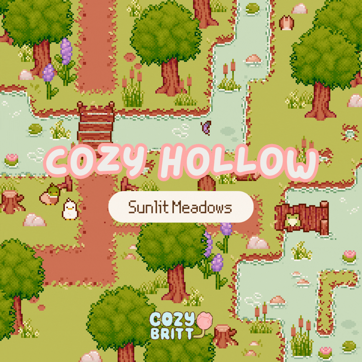 Pixel art landscape of Sunlit Meadows from Cozy Hollow with trees, water, flowers, and small animals.