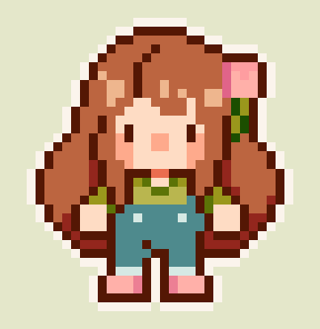Pixel art illustration of a girl with brown hair, wearing overalls, pink shoes, and a flower in her hair.