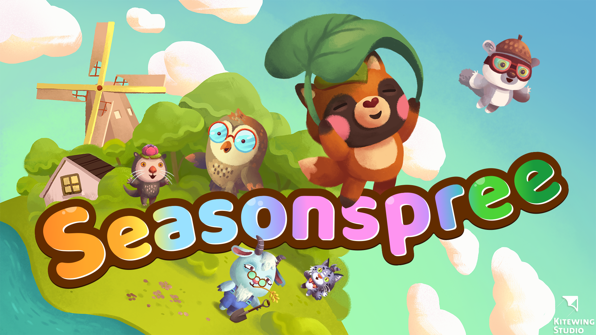 Colorful cartoon illustration of anthropomorphic animals in a whimsical landscape with a windmill and a house, featuring the word 'Seasonspree' in large, multicolored letters.