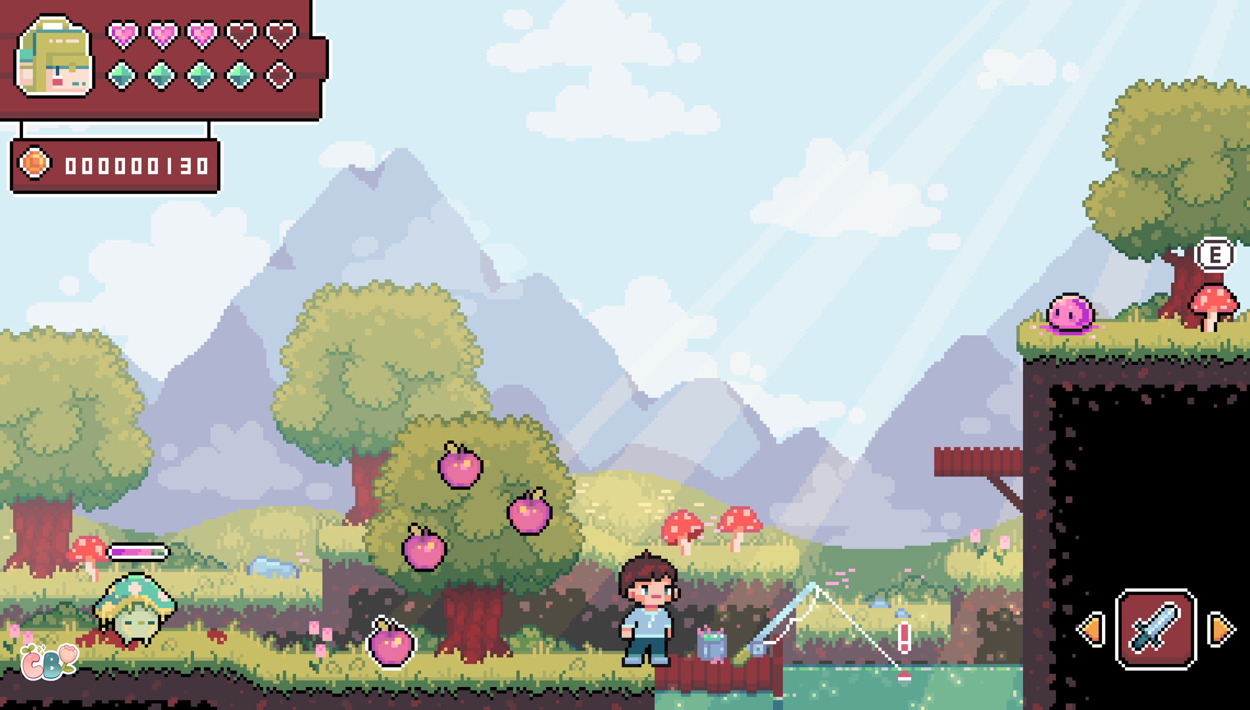 Pixel art style video game scene featuring a boy with dark hair in a light blue shirt standing on grassy terrain, next to trees with pink fruit and red mushrooms, with a mountain and cloudy sky background. There is a small creature with a green hat a