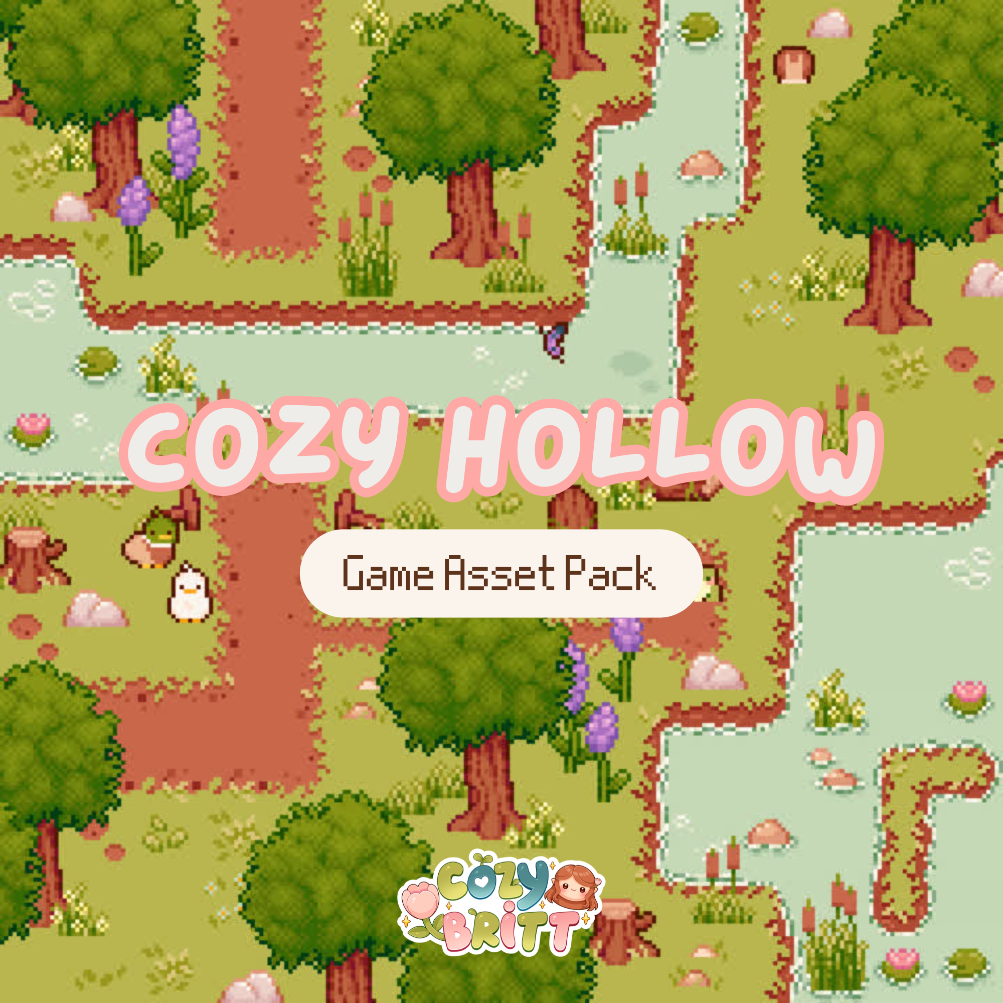 Pixel art illustration of a forest scene with trees, paths, water, rocks, and flowers, overlaid with the text 'Cozy Hollow' and 'Game Asset Pack'.