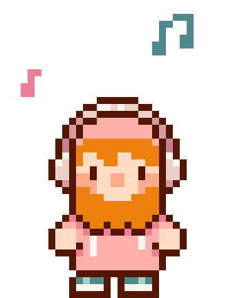 Pixel art of a person with headphones, a beard, and orange hair, standing against a purple background with musical notes.