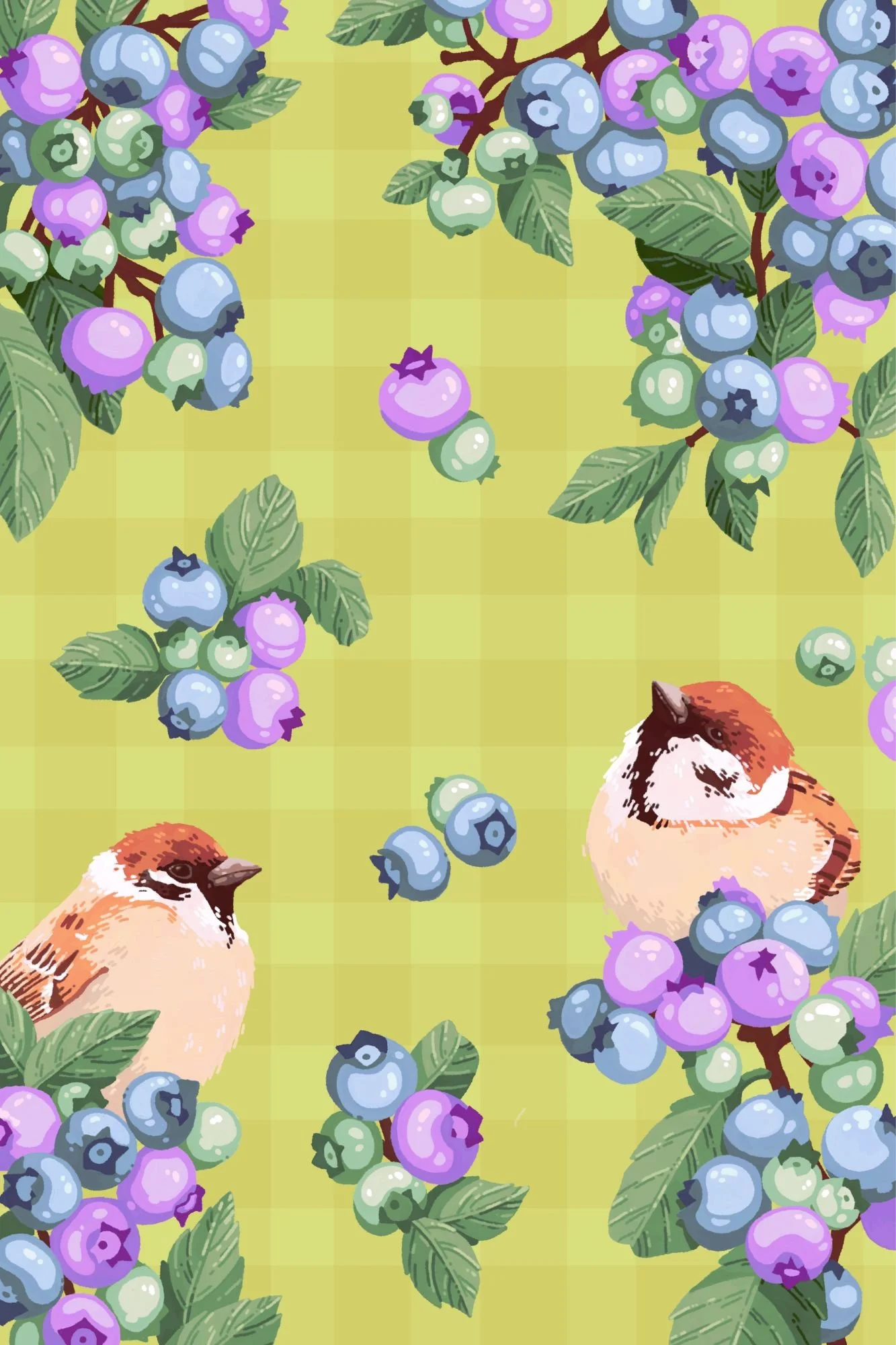 Illustration of two sparrows among blueberry bushes with purple, blue, and green berries, set on a yellow checkered background.