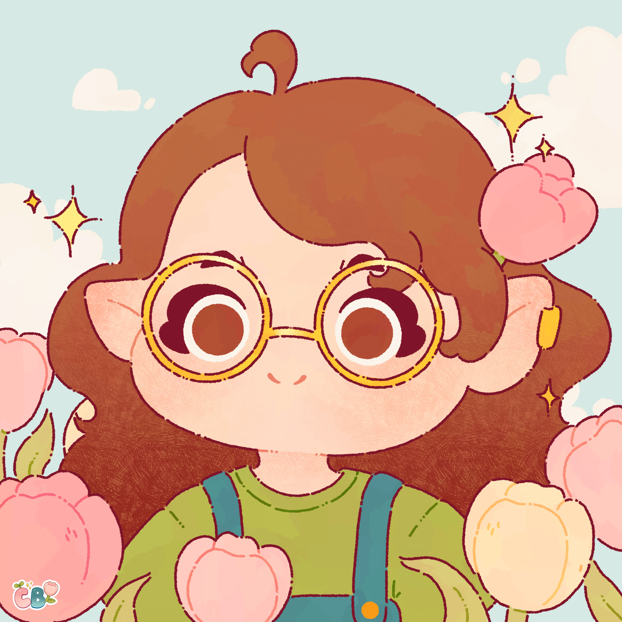 Cartoon girl with brown curly hair, pointy elf ears, wearing yellow glasses, green shirt, and blue overalls, surrounded by pink fluffy clouds and blue sky with white clouds and sparkles