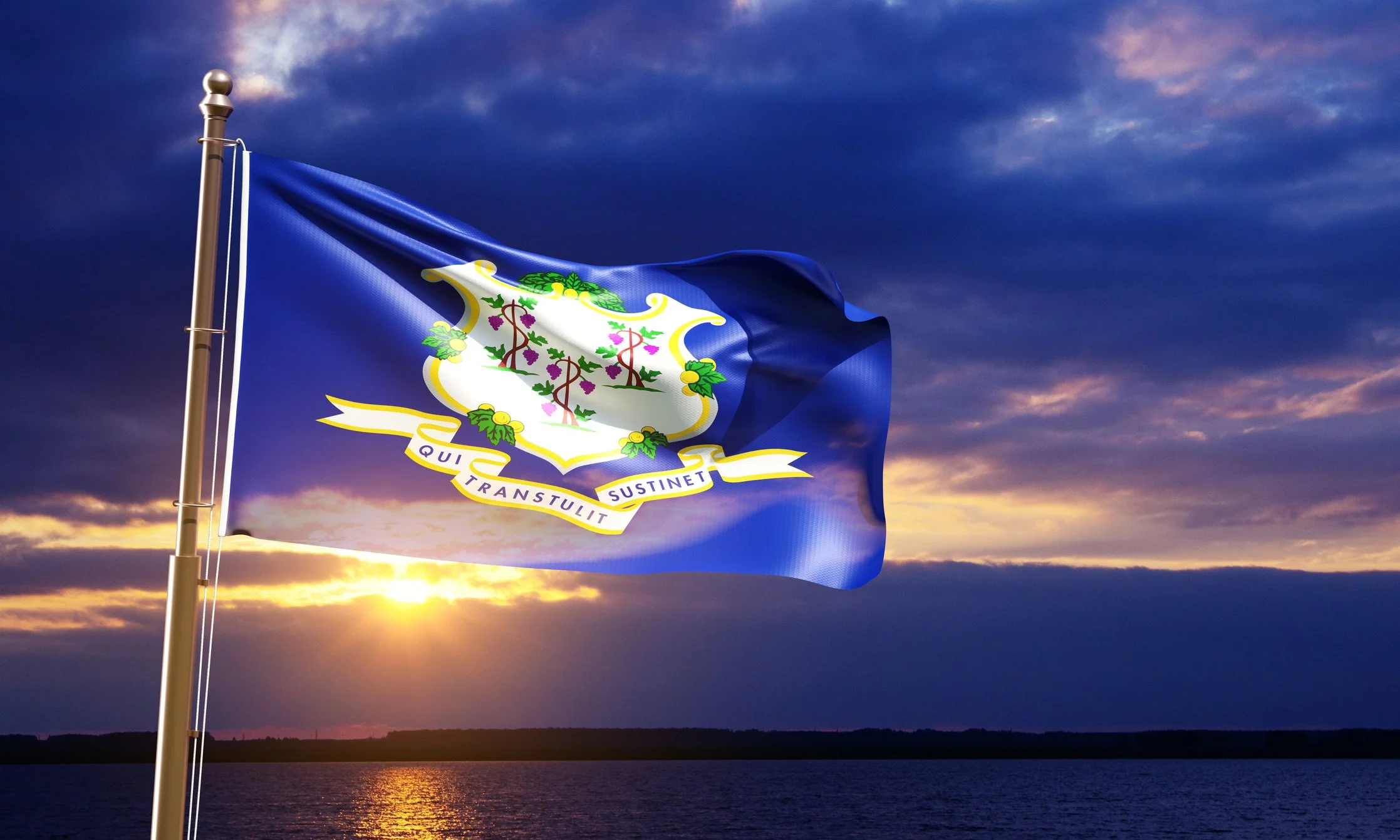 North Carolina state flag flying in the wind against a sunset sky.