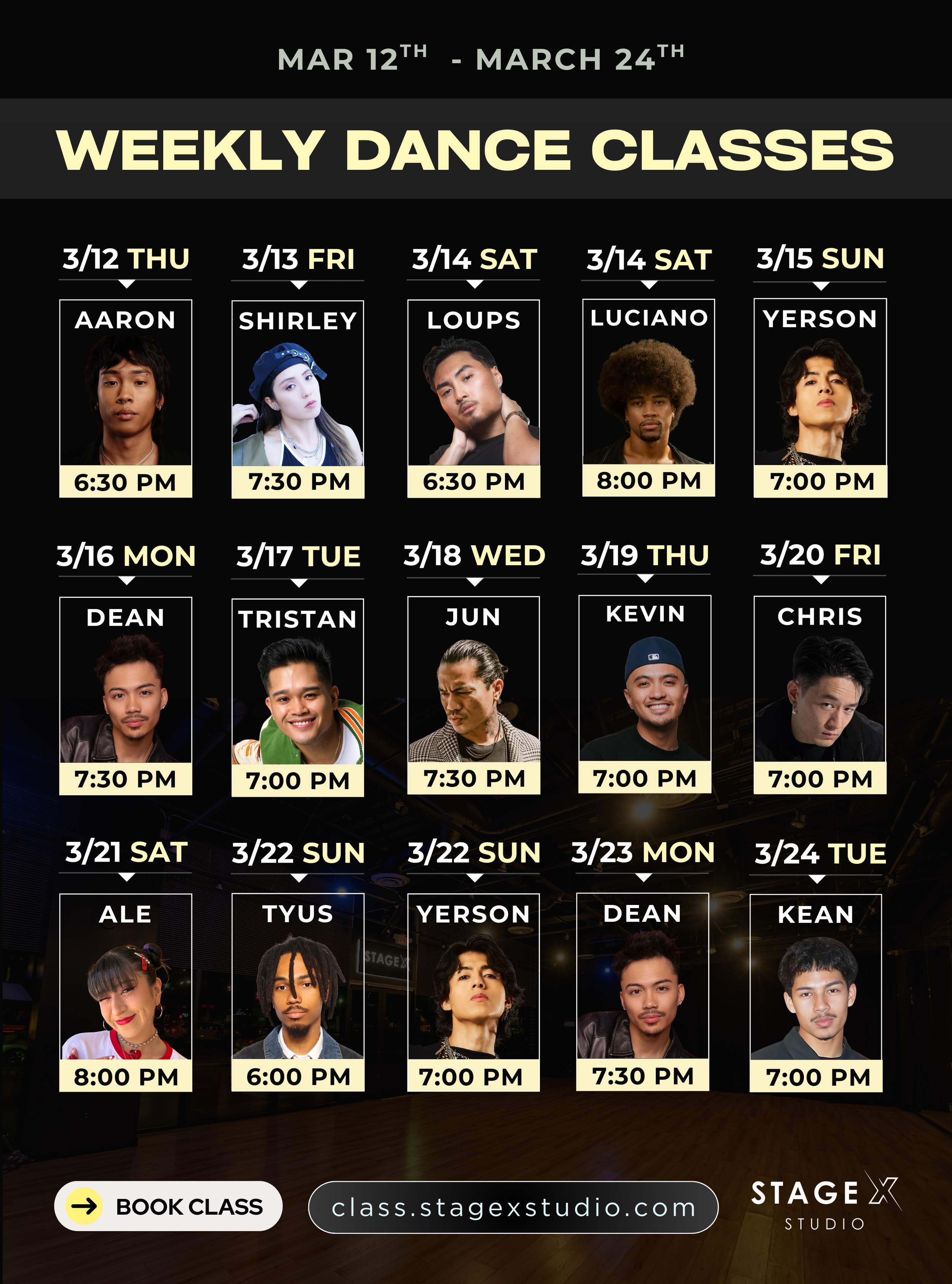 Weekly dance class schedule from March 12th to March 24th at Stage X Studio featuring class instructors and times, with a dark background and yellow highlights.